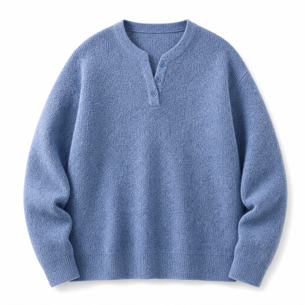 Herretøy – Retro Henley-hals, falsk todelt genser, avslappet passform, lang ermet strikkegenser for høst og vinter