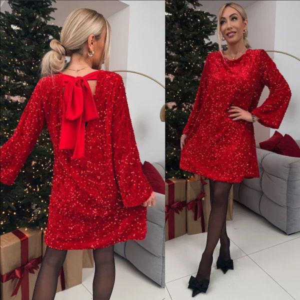 💃Begrenset tid 49 % rabatt🎀Dans hele natten Paljettrygg med sløyfe Løs mini-kjole🎀