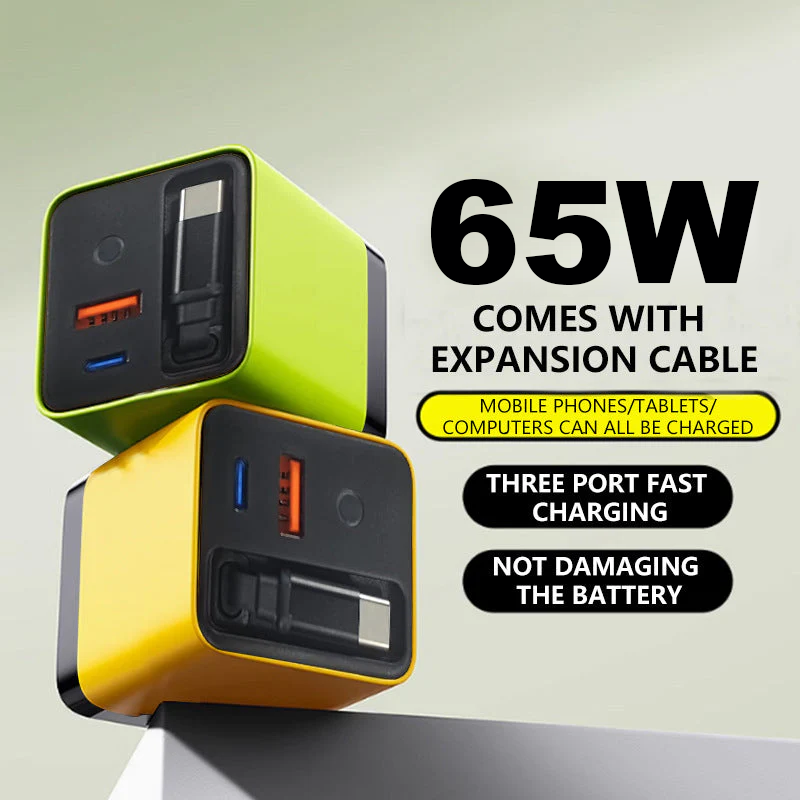 ⏳65W hurtigladende telefonladerblokk med uttrekkbar 80 cm type-C-kabel