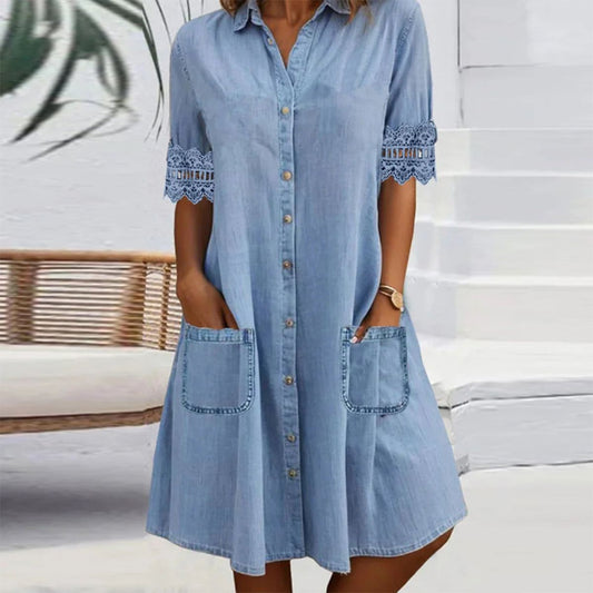 🎁Begränsad tid 50% RABATT⏳Blå enfärgad denim miniklänning med krage och spetskant