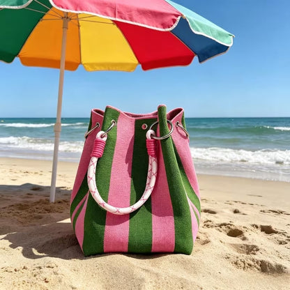 🏆👜🌴 Bøhmisk stripete nettingbøtteveske for kvinner – håndlaget sommer skulderveske til stranden