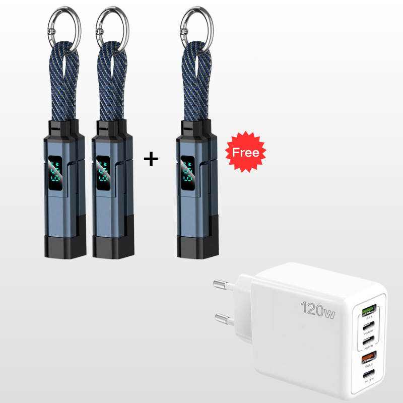 🔌 4-i-1-ladekabel med digital skjerm og nøkkelring – hurtiglading, knekkbestandig og kompakt