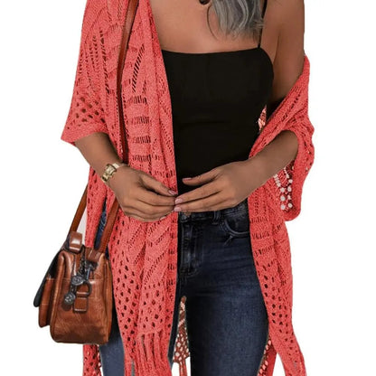 🏖️ Sommersalg 50% rabatt 🏝️Strikket Strandcover-up for Dame med Åpen Front og Frynser – Lett bohemsk stil til stranden