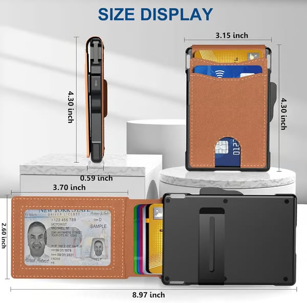 💼🔒Slank herrelommebok i aluminium med RFID-blokkering – Pop-up-kortholder med pengeklips og doble ID-vinduer