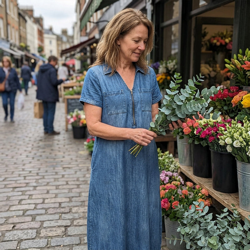 Dame Denim Maxikjole med V-hals og Glidelås