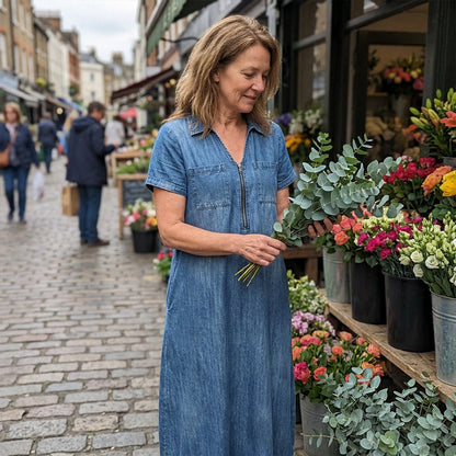 Dame Denim Maxikjole med V-hals og Glidelås
