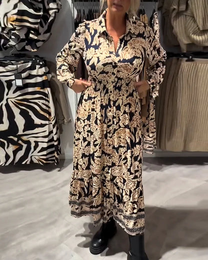 🔥Höst- och vinterspecial💖 Blommig skjortklänning i vintagestil med knappar i midjan