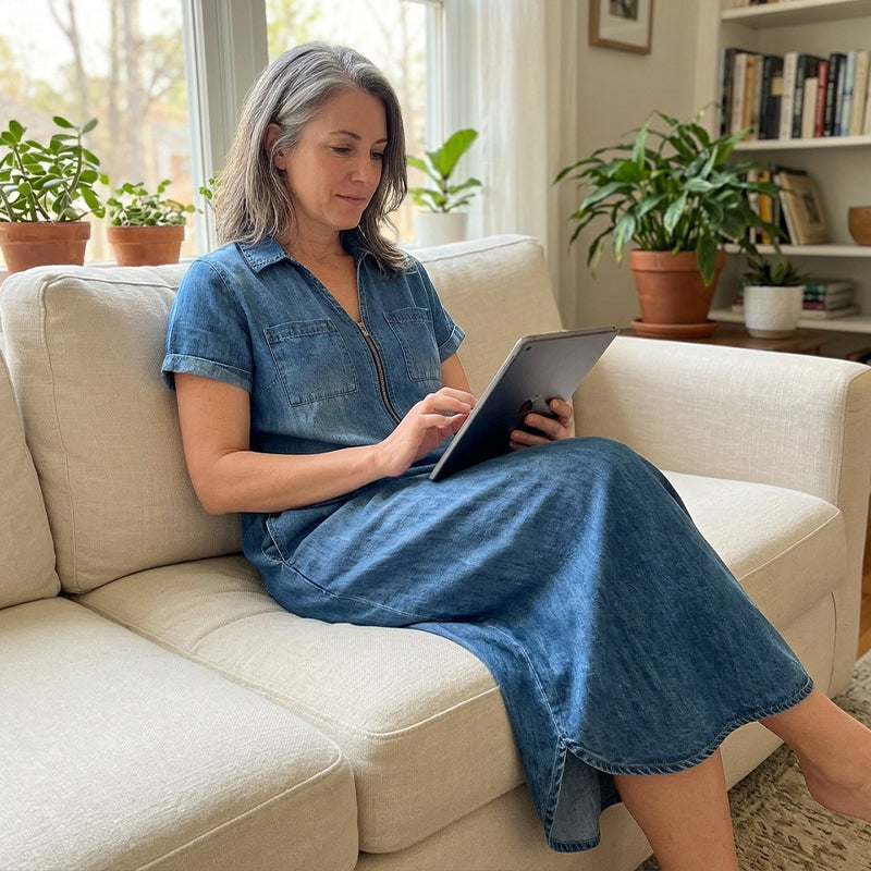 Dame Denim Maxikjole med V-hals og Glidelås