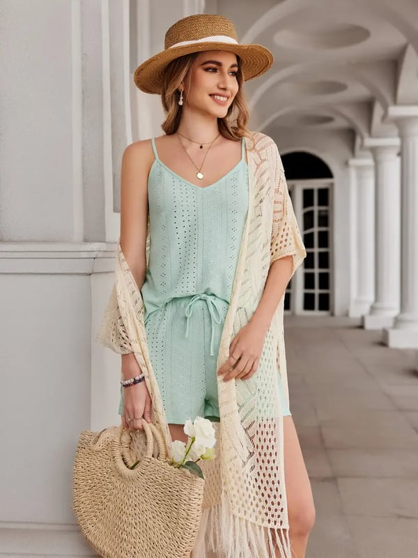 🏖️ Sommersalg 50% rabatt 🏝️Strikket Strandcover-up for Dame med Åpen Front og Frynser – Lett bohemsk stil til stranden