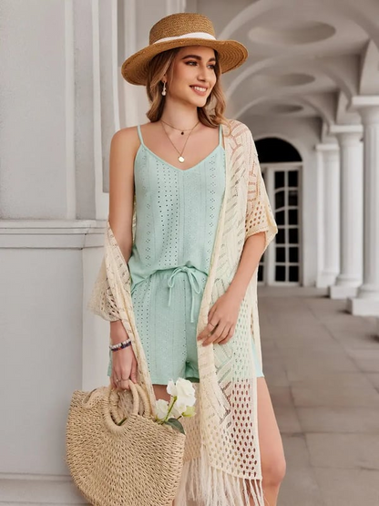 🏖️ Sommersalg 50% rabatt 🏝️Strikket Strandcover-up for Dame med Åpen Front og Frynser – Lett bohemsk stil til stranden