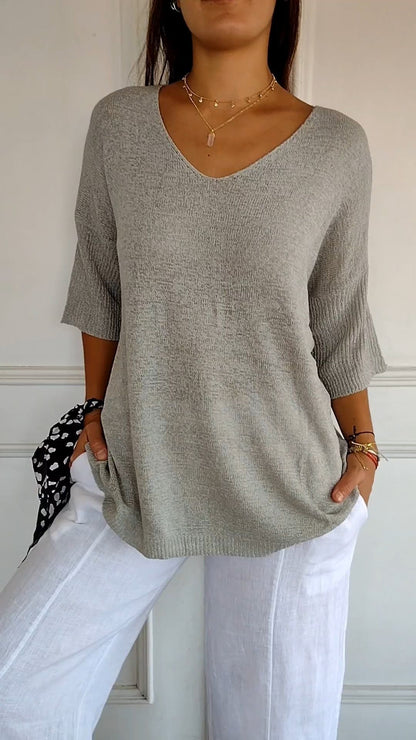 💖SISTA DAGEN AV REAN 50 % RABATT🥰Enfärgad stickad topp med V-ringning