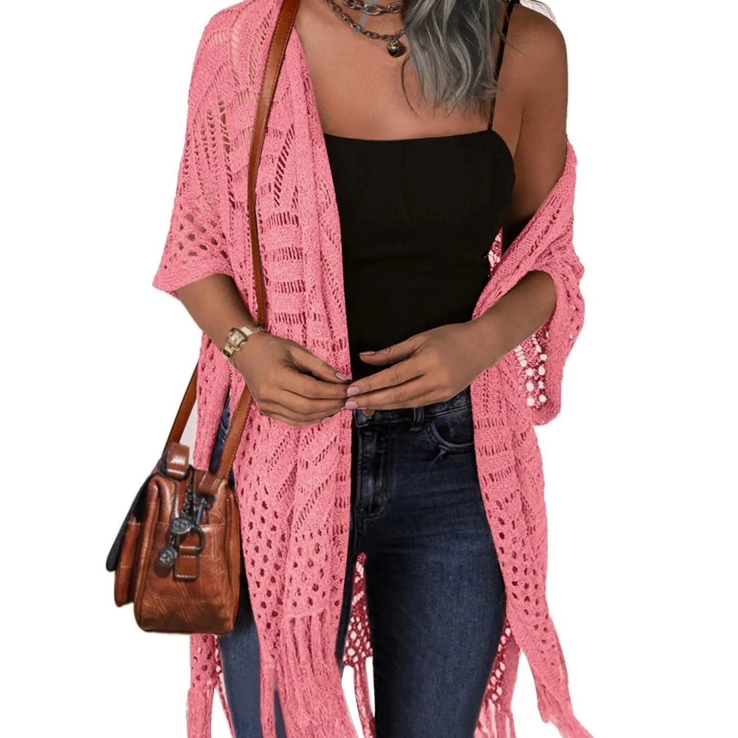 🏖️ Sommersalg 50% rabatt 🏝️Strikket Strandcover-up for Dame med Åpen Front og Frynser – Lett bohemsk stil til stranden