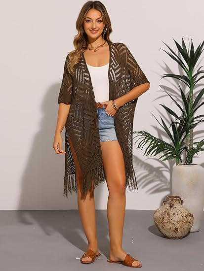 🏖️ Sommersalg 50% rabatt 🏝️Strikket Strandcover-up for Dame med Åpen Front og Frynser – Lett bohemsk stil til stranden