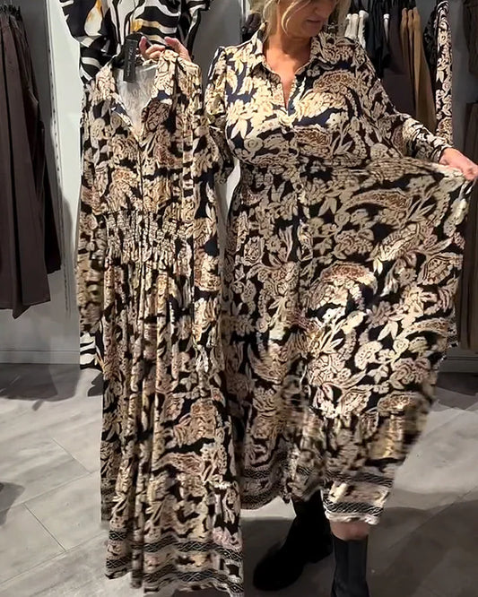 🔥Höst- och vinterspecial💖 Blommig skjortklänning i vintagestil med knappar i midjan