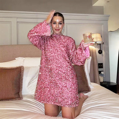💃Begrenset tid 49 % rabatt🎀Dans hele natten Paljettrygg med sløyfe Løs mini-kjole🎀