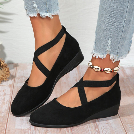 🌈Elegante feste Farbe elastische Riemen niedrige Keilschuhe