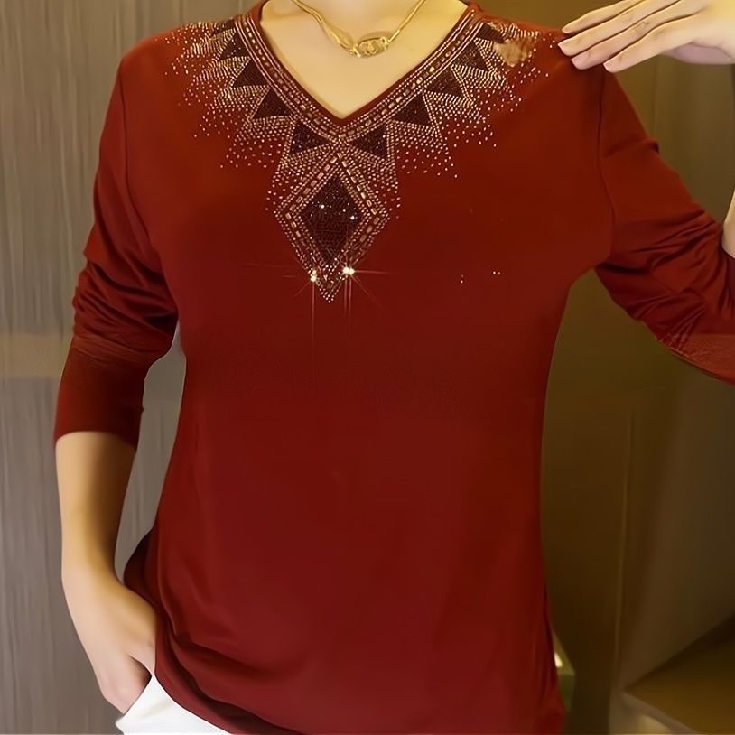 🔥【M-4XL】 2025 Høy kvalitet Vinterfløyel Langermet T-skjorte med rhinestones, varm og fasjonabel