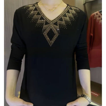 🔥【M-4XL】 2025 Høy kvalitet Vinterfløyel Langermet T-skjorte med rhinestones, varm og fasjonabel