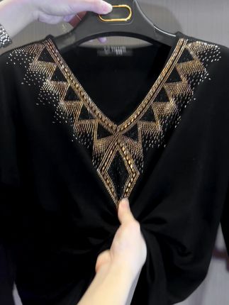 🔥【M-4XL】 2025 Høy kvalitet Vinterfløyel Langermet T-skjorte med rhinestones, varm og fasjonabel