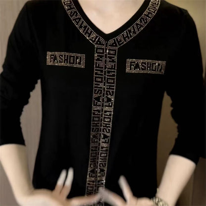 🔥【M-4XL】 2025 Høy kvalitet Vinterfløyel Langermet T-skjorte med rhinestones, varm og fasjonabel