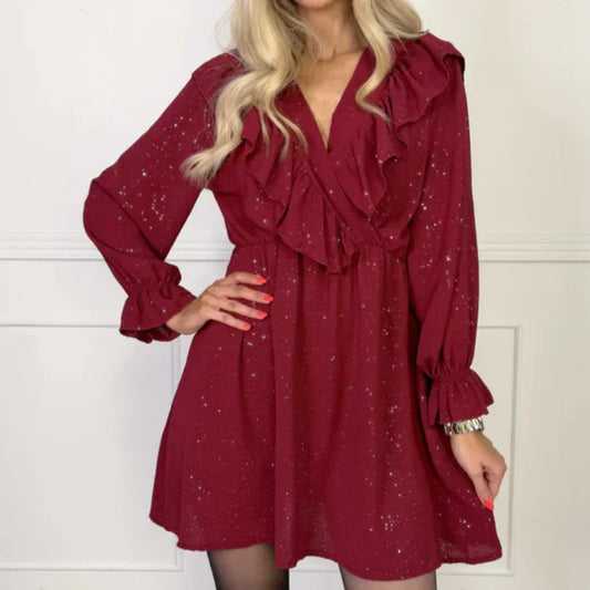 🔥 50 % Oferta limitada✨ 👗 Minivestido con cuello en V y volantes para mujer 💃💕