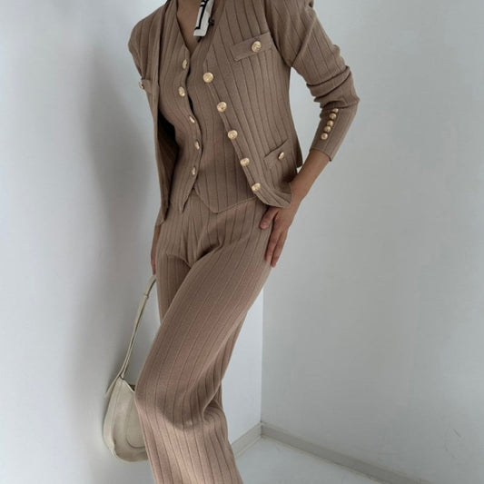 🔥 54 % DE DESCUENTO | Conjunto de tres piezas para mujer: cárdigan con cuello en V, top y pantalones 👗✨