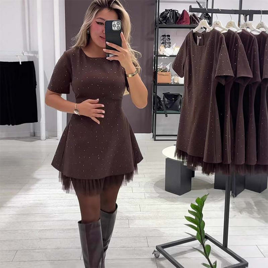 🔥 ¡56% de Descuento! ✨ Vestido Mini de Manga Corta con Ribete de Encaje Brillante para Mujer 💃💖Elegante, fresco y lleno de brillo 🌟👗