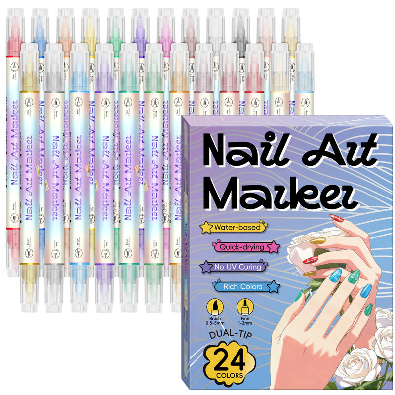 💞 50 % RABATT! 🎨Neglelakkpenner med to spisser – Tørker raskt, uten UV-lampe. Fin spiss og penselspiss. 12/24 livlige farger. Enkel DIY hjemme. Ingen flekker, bare kunst! 💅🖌️