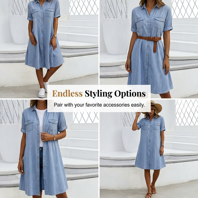 🔥 Tidsbegrenset salg – opptil 50% rabatt! 🔥 👗 Dame Casual Denimskjortekjole ✨
