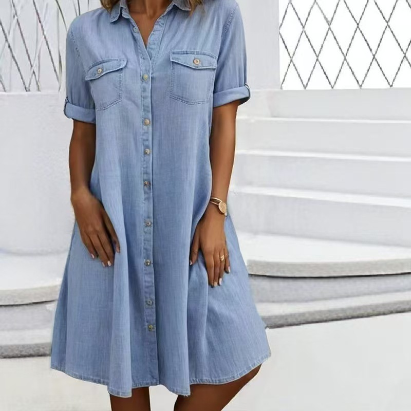 🔥 Tidsbegrenset salg – opptil 50% rabatt! 🔥 👗 Dame Casual Denimskjortekjole ✨