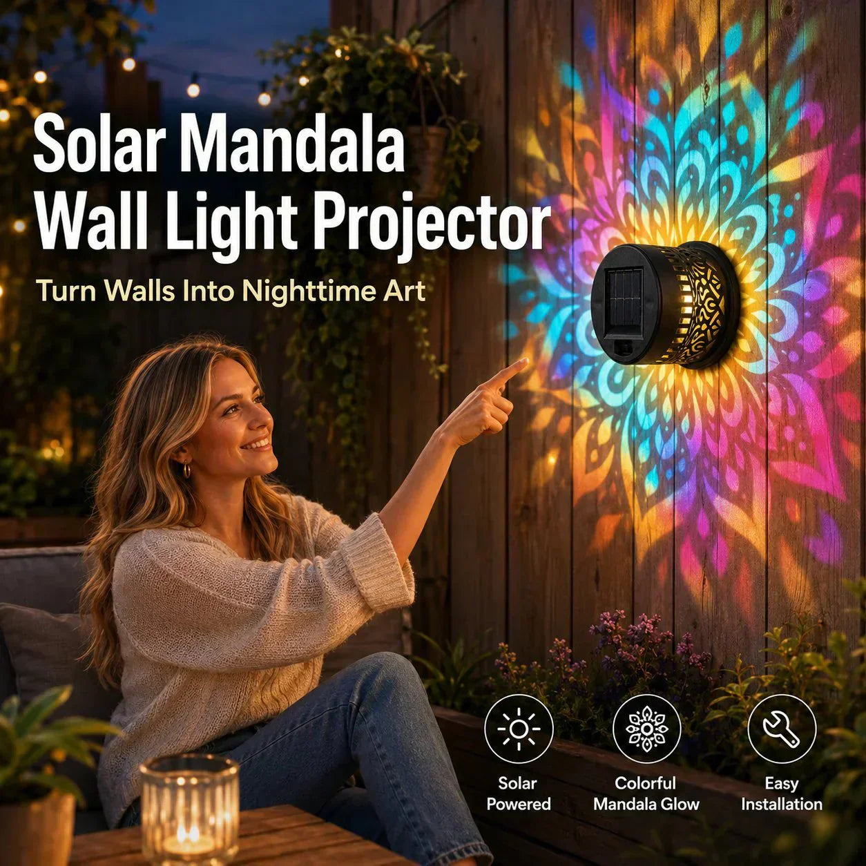 🌞50 % RABATT NÅ! 🌀 Solcelledrevet mandala-lys – Fantastisk mønsterprojeksjon, 2-i-1 gulv- og veggdesign og IP65 vanntett automatisk av/på 🌿