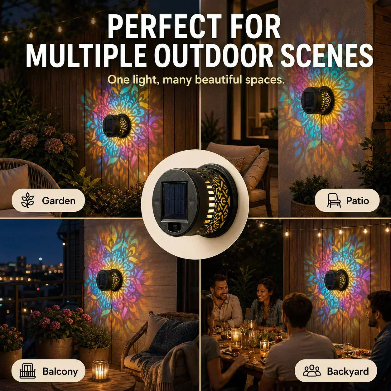 🌞50 % RABATT NÅ! 🌀 Solcelledrevet mandala-lys – Fantastisk mønsterprojeksjon, 2-i-1 gulv- og veggdesign og IP65 vanntett automatisk av/på 🌿