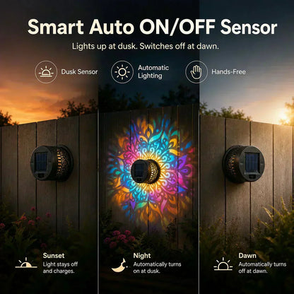 🌞50 % RABATT NÅ! 🌀 Solcelledrevet mandala-lys – Fantastisk mønsterprojeksjon, 2-i-1 gulv- og veggdesign og IP65 vanntett automatisk av/på 🌿