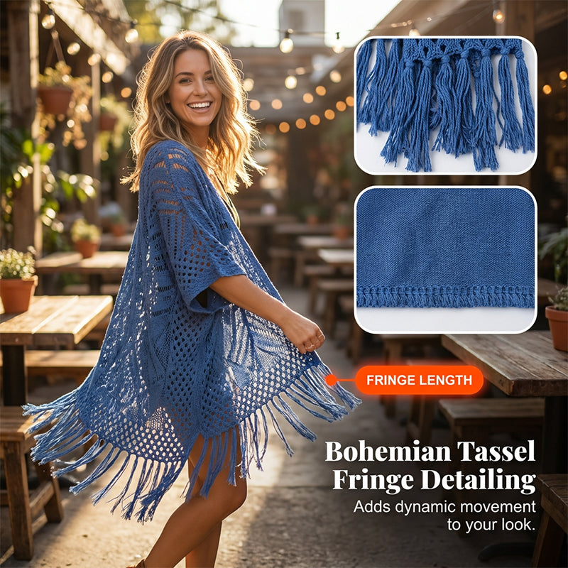 🏖️ Sommersalg 50% rabatt 🏝️Strikket Strandcover-up for Dame med Åpen Front og Frynser – Lett bohemsk stil til stranden