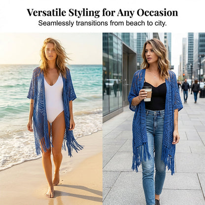 🏖️ Sommersalg 50% rabatt 🏝️Strikket Strandcover-up for Dame med Åpen Front og Frynser – Lett bohemsk stil til stranden