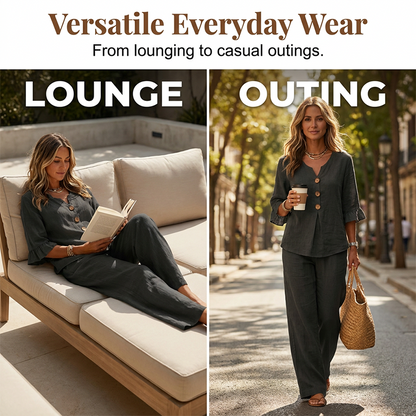 👚👖 Damesett med rysjetopp og vide bukser – Elegant og komfortabelt ✨
