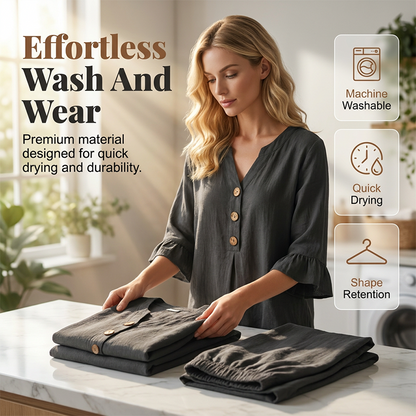 👚👖 Damesett med rysjetopp og vide bukser – Elegant og komfortabelt ✨