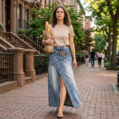 ⌛Tidsbegrenset tilbud – Maxi-skjørt i denim med lagdelt midje for damer