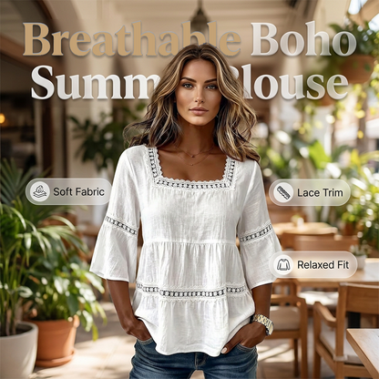 ⏳Begrenset tidsbegrenset 50 % rabatt⏰ Elegant sommerbluse med firkantet hals🌸👚