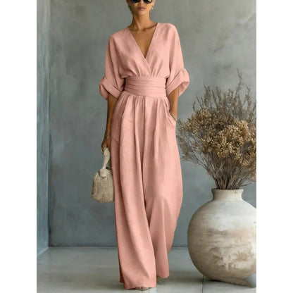 👗✨Uanstrengt eleganse – Jumpsuit for damer med V-hals, høy midje og vid ben💫