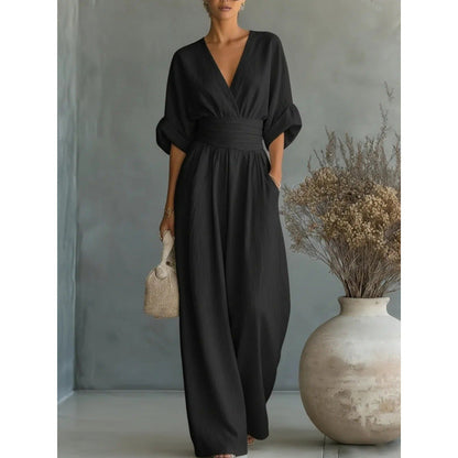 👗✨Uanstrengt eleganse – Jumpsuit for damer med V-hals, høy midje og vid ben💫