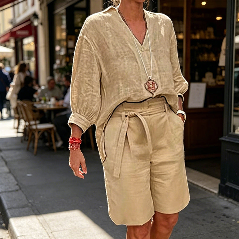 Dame Casual Todelt Sett med V-hals Topp og Shorts