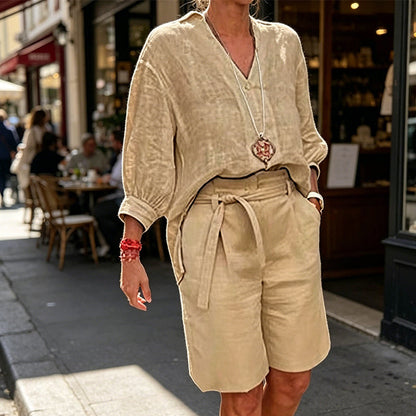 Dame Casual Todelt Sett med V-hals Topp og Shorts