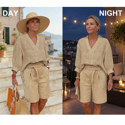 Dame Casual Todelt Sett med V-hals Topp og Shorts