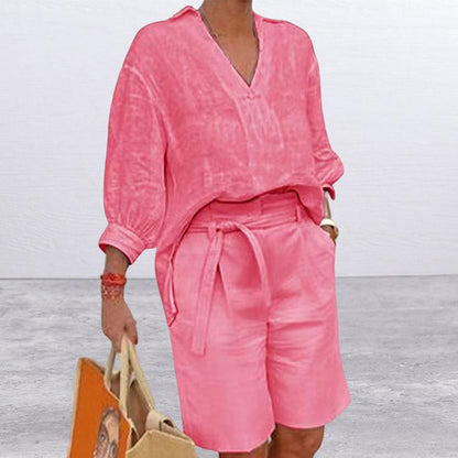 Dame Casual Todelt Sett med V-hals Topp og Shorts