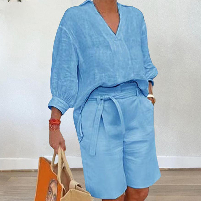 Dame Casual Todelt Sett med V-hals Topp og Shorts