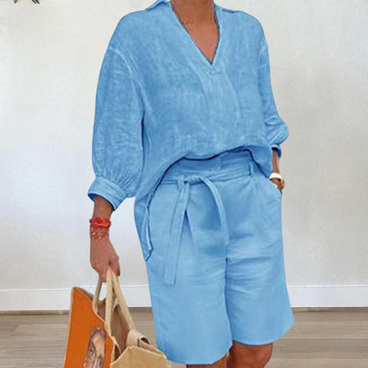 Dame Casual Todelt Sett med V-hals Topp og Shorts