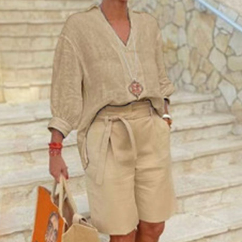 Dame Casual Todelt Sett med V-hals Topp og Shorts