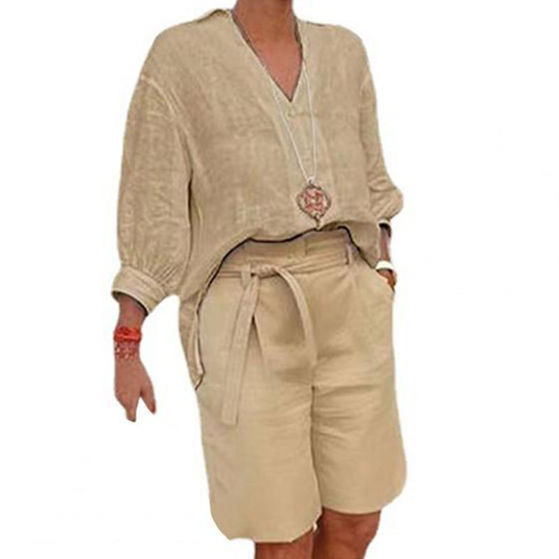 Dame Casual Todelt Sett med V-hals Topp og Shorts