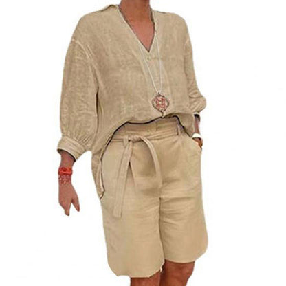 Dame Casual Todelt Sett med V-hals Topp og Shorts